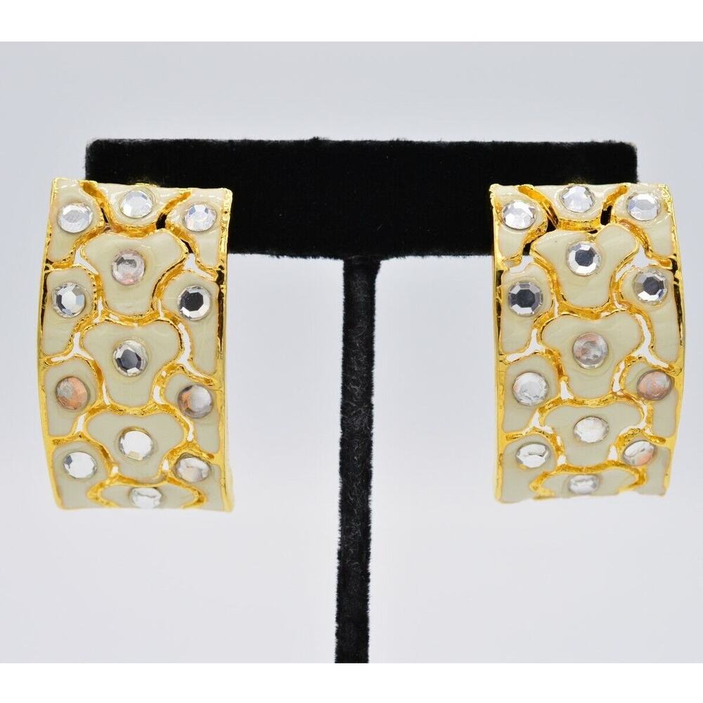 Vintage Crystal Clip On Earrings Gold White Enamel Rhinestone Chunky 1980s BinAA